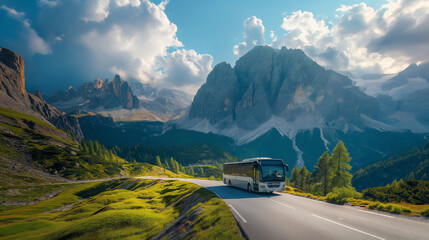 tourist bus along winding mountain roads, with panoramic windows, views of harsh landscapes and high peaks - Powered by Adobe