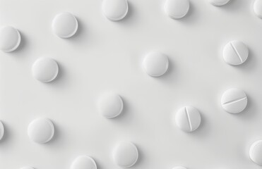 Top View of White Pills and Tablets on White Background: Minimalistic Pubescent Style, Copy Space for Healthcare Advertising

