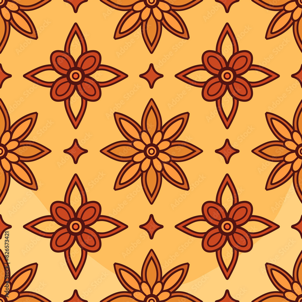 Poster An illustration of an amber and rust pattern featuring a simple design with star-shaped flowers on a light yellow background. A subdued op art graphic pattern with an abstract orange shape in between 