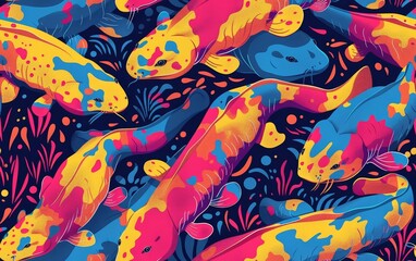 Colorful koi fish swimming in a vivid abstract underwater scene with bold blue, pink, and yellow hues.