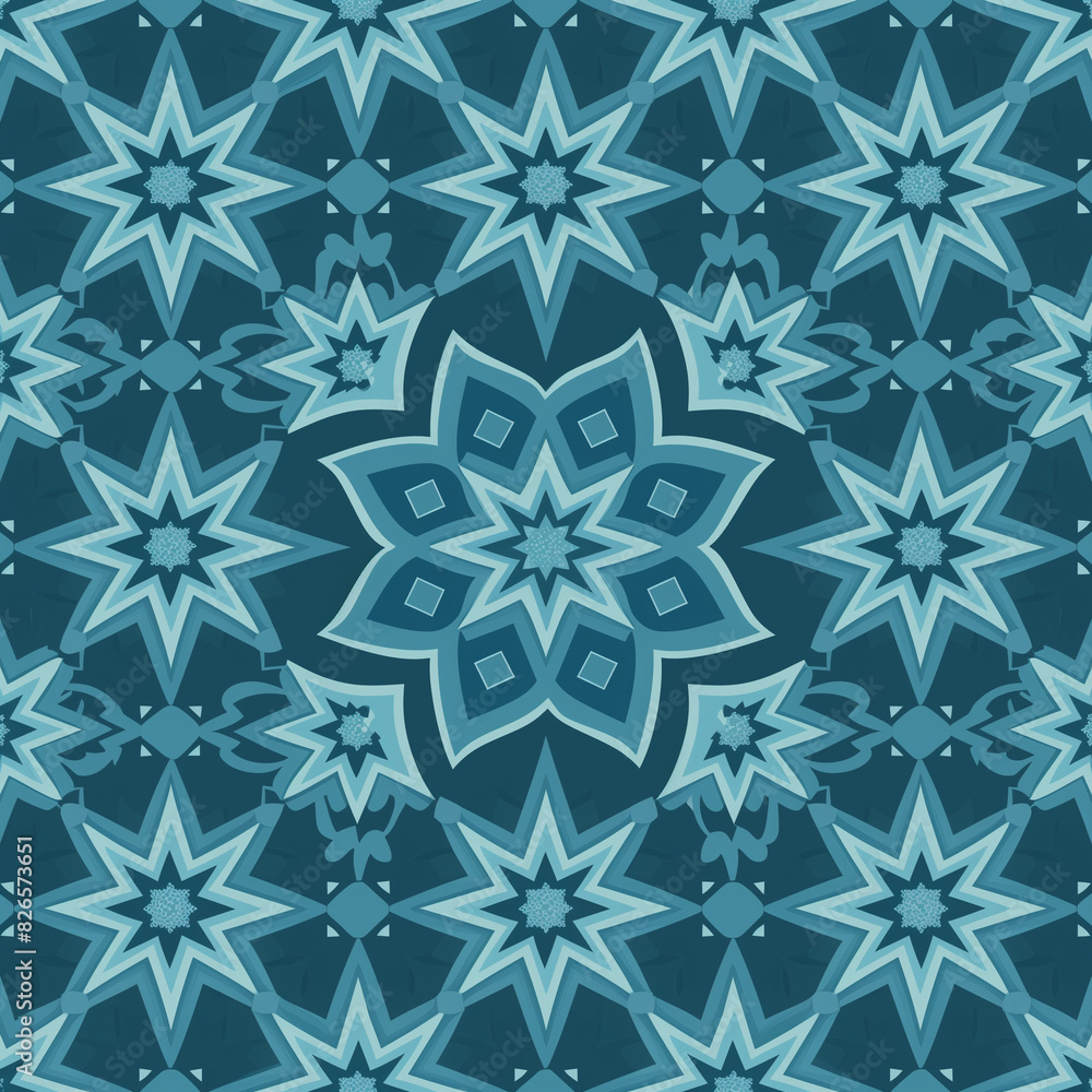 Poster design an intricate pattern featuring symmetrical star shapes in shades of blue, arranged to create 