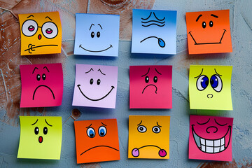 Various moods and emotions represented by cartoon faces on sticky notes