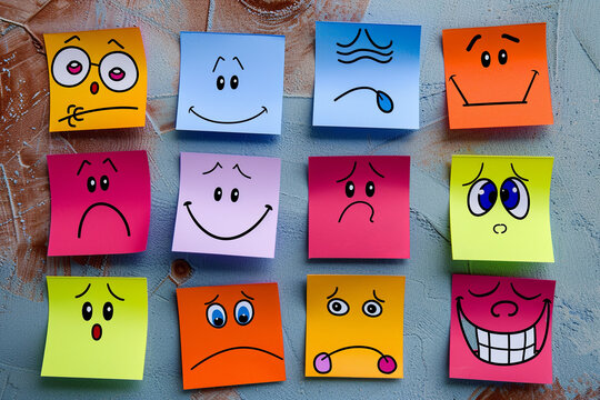 Various moods and emotions represented by cartoon faces on sticky notes