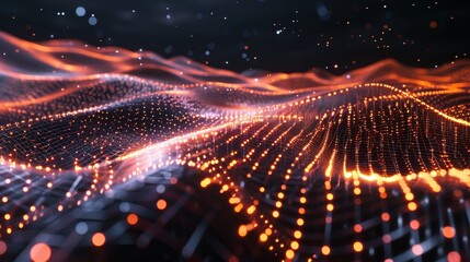 Fototapeta premium Wireframe ground stretching into the distance, with glowing orange nodes forming a dynamic and futuristic pattern. Perfect for technology and digital themes.