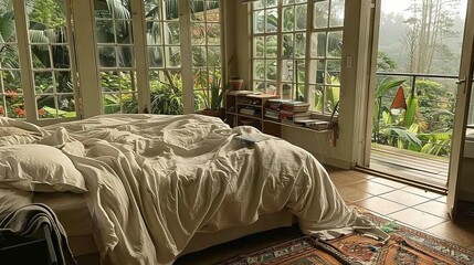   A bedroom with a window view, a cozy bed, and a rug on the floor
