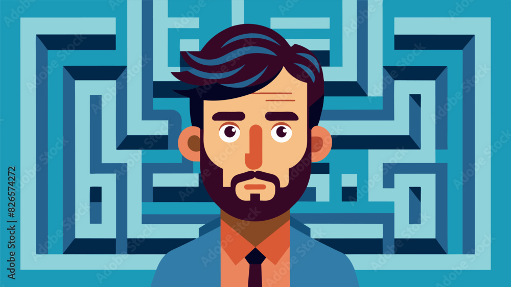Poster a selfportrait captures the artist within a maze symbolizing their journey of selfdiscovery and navi