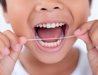 Fototapeta premium close up of a boy's mouth with floss between teeth, white tooth and healthy smile. 