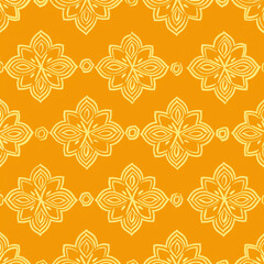 A seamless pattern with a digital drawing of symmetrical flowers, their petals outlined in white on an orange background, designed for fabric printing. The design incorporates yellow and light brown h