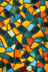 Colorful mosaic pattern with stained glass tiles and intricate designs, perfect for wall decoration or seamless wallpaper