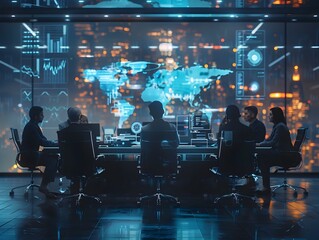 Futuristic Digital Leadership Strategy Session with Holographic Displays for Dynamic Business and Decision Making