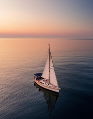 Fototapeta premium Boat on calm sea alone with beautiful light. 