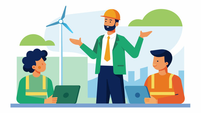 An instructor discussing the importance of safety protocols and procedures when working on wind turbines.. Vector illustration