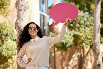 Student, woman and portrait or paper speech bubble or outside, social media and comment for...