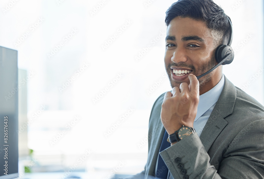 Canvas Prints Call center, portrait and man with headset in office for communication, customer support or service. Contact us, CRM and male consultant for student aid, career guidance or scholarship advice