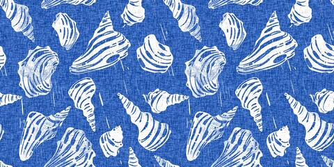 Azure blue white shell motif with linen seamless batik border background. Modern coastal beach cottage rustic shell block print home decor pattern design in sealife beach banner style. 
