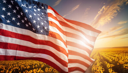 An inspiring image of the American flag waving proudly against a backdrop of a warm sunset sky.