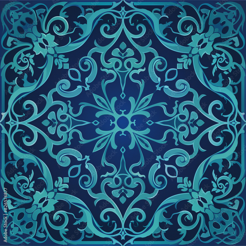 Poster a square pattern of an arabic ornament in blue tones, in the center there is a large and complex mot