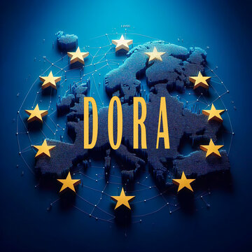 Illustraion saying DORA which is the Digital Operational Resilience Act of the EU to put a uniform regulation for managing risks in IT-systems of financial markets.