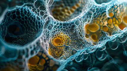 A high-resolution close-up of plant cells under a microscope, showcasing the intricate cellular structures and organelles