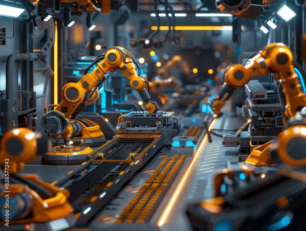 Poster design a digital twin of a high-tech factory floor bustling with robotic arms and conveyor belts sho