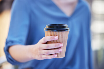 Hands, woman and coffee of cup at outdoor in morning for commuting to work, job and career. Female...