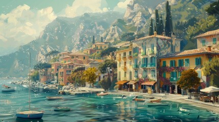a painting of a small town in italy in the style of lively coastal landscapes Generative AI