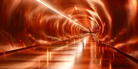 Redlit tunnel with reflective floor evokes futuristic and mysterious scifi ambiance. Concept Sci-fi Photography, Futuristic Aesthetics, Redlit Environment, Reflective Surfaces, Mysterious Atmosphere