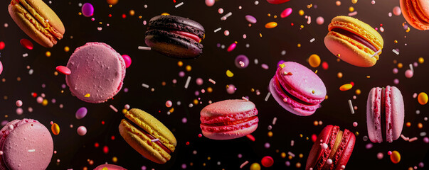 Clean black backdrop with colorful macarons falling, surrounded by vibrant sprinkles.
