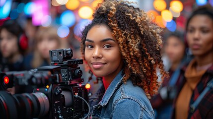Curly-haired woman holding camera on the street - Powered by Adobe
