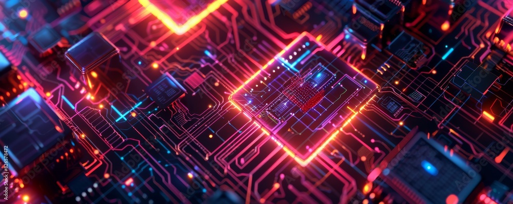 Poster design a futuristic quantum computing chip, featuring complex circuitry and glowing elements, render