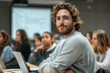 Students in a modern classroom using laptops and tablets during a lesson. AI generated.