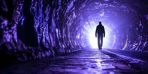 Silhouette of man walking towards bright light at end of dark tunnel. Concept Silhouette, Man Walking, Bright Light, Dark Tunnel, Hope