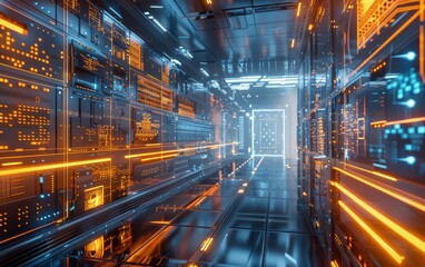 Obraz premium A futuristic digital fortress, seen in a 3D realistic style, showcasing glowing data walls and advanced security measures