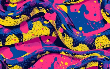 A bright, abstract pattern featuring colorful snake scales with vibrant splashes of pink, yellow, and blue hues.