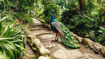 Fototapeta premium A majestic peacock perched atop a dusty road, surrounded by a verdant forest teeming with trees and foliage