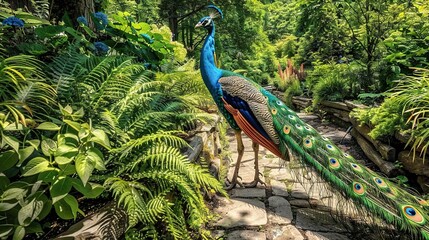 Fototapeta premium A peacock perched on a stone walkway amidst a verdant forest brimming with numerous trees and vegetation