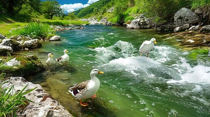   A flock of ducks perched atop a river, adjacent to an emerald forest brimming with countless trees
