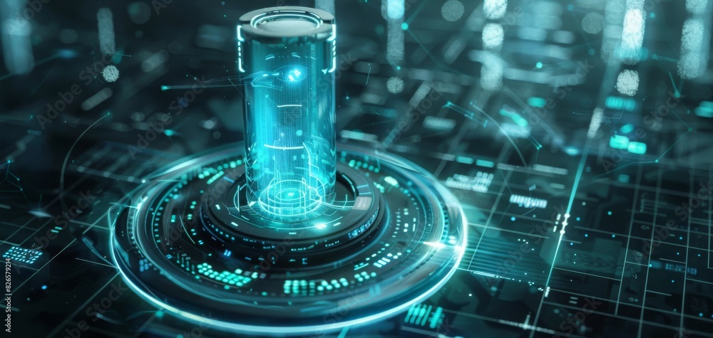 Poster bring to life a futuristic, sleek voice-controlled device with a holographic display, set against a 