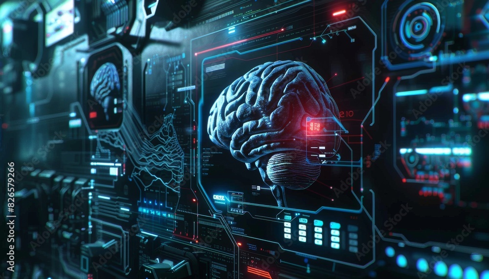 Poster illustrate a futuristic brain-computer interface device with intricate neural connections, glowing i