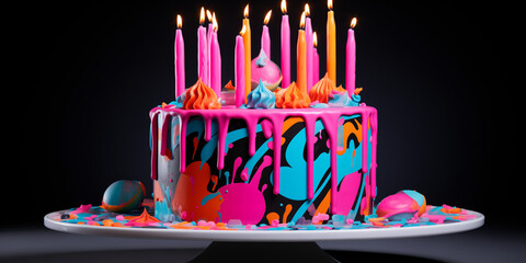A vibrant neon splash birthday cake with bold patterns, set against a striking backdrop, photographed in ultra-realistic HD detail. 