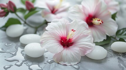 spa still life with pink flowers,Hibiscus flowers decorate the background