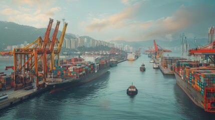 Obraz premium A bustling global shipping port with container cranes lifting cargo ships in and out of the water.