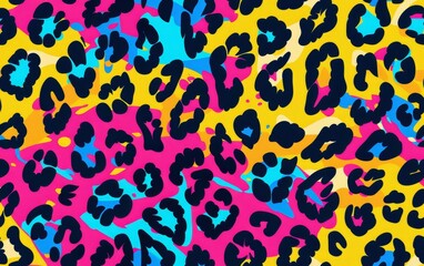 Obraz premium Bright and colorful leopard print pattern with neon shades of pink, yellow, and blue.