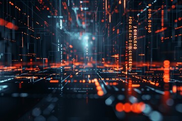 Obraz premium Visualize a digital interpretation where sleek, metallic fonts seamlessly intertwine within futuristic nodes, evoking a sense of innovation and modernity