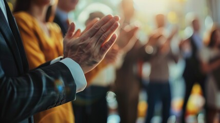 Colleagues giving a standing ovation to an awarded team member, Team, blurred background, with copy space