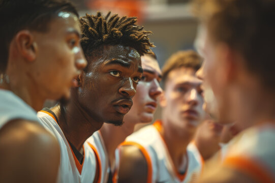 High school basketball team huddled during a time-out, coach giving instructions, players in jerseys, intense expressions, gymnasium setting, hoops in the background.. AI generated. - Powered by Adobe