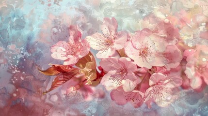 A captivating close-up of cherry blossoms in a classic painting style, reminiscent of the works of renowned Impressionist masters.