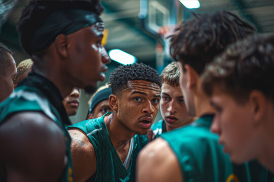 High school basketball team huddled during a time-out, coach giving instructions, players in jerseys, intense expressions, gymnasium setting, hoops in the background.. AI generated.