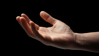 hand reaching upwards, palm open, highlighting skin texture and contours, evoking curiosity and a sense of seeking, dark background.