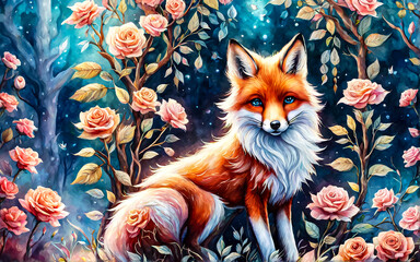 Fototapeta premium Cute fox cub, fantastic landscape in pink and blue tones.